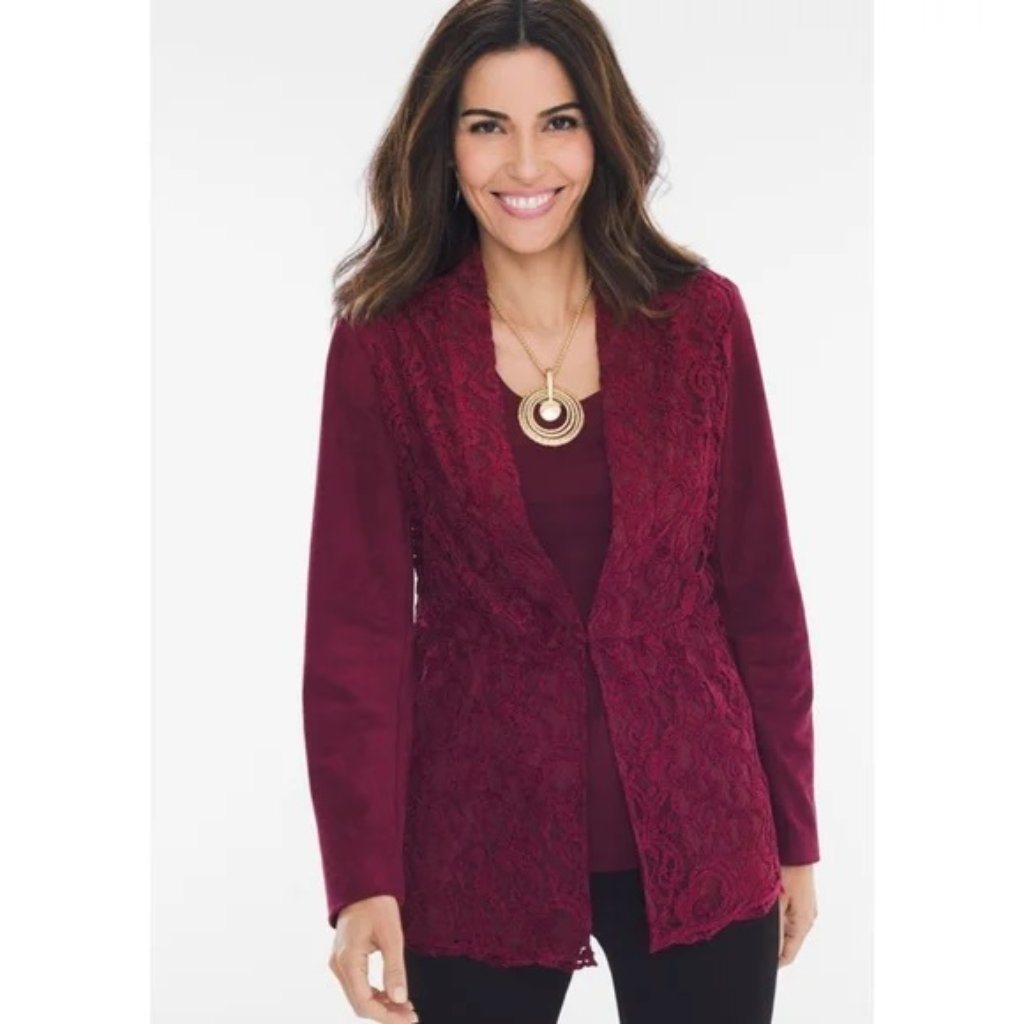 Chico’s ~Lace And Faux Suede Jacket In Red Maple